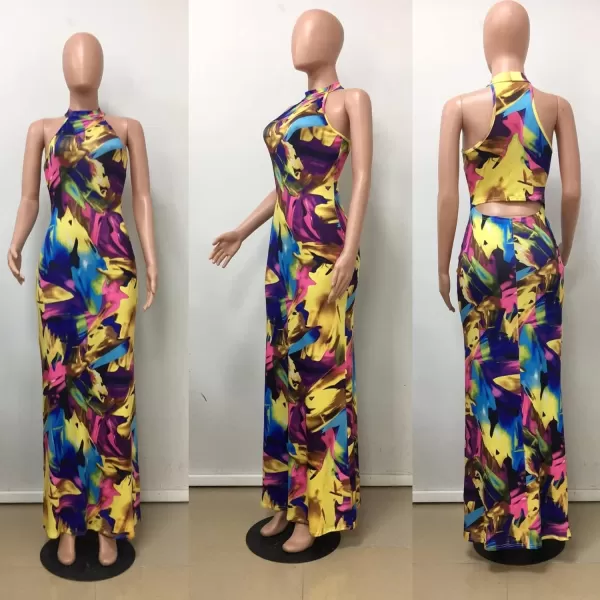 IyMoo Womens Neck Hollow Out Print Party Beach Evening Long Maxi DressRainbow