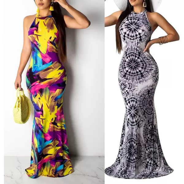IyMoo Womens Neck Hollow Out Print Party Beach Evening Long Maxi DressRainbow