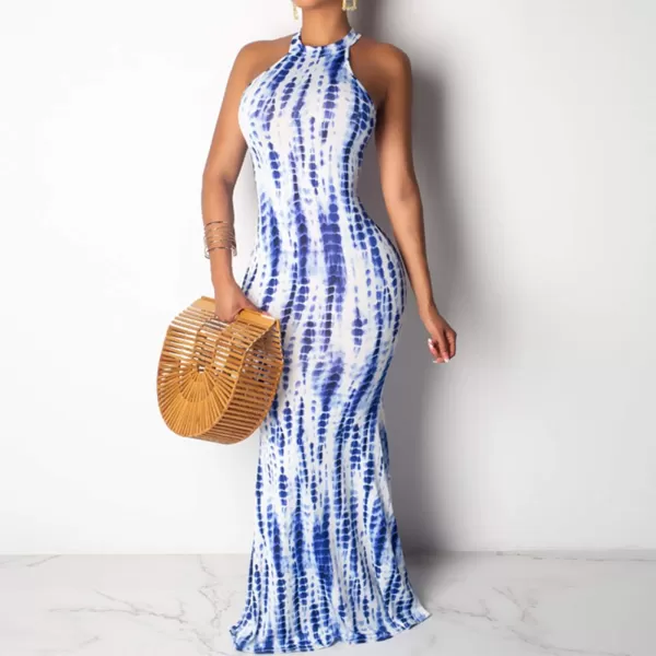 IyMoo Womens Neck Hollow Out Print Party Beach Evening Long Maxi DressSky Blue