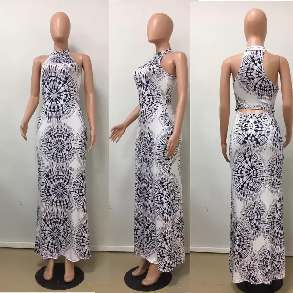 IyMoo Womens Neck Hollow Out Print Party Beach Evening Long Maxi DressWhiteblackpurple