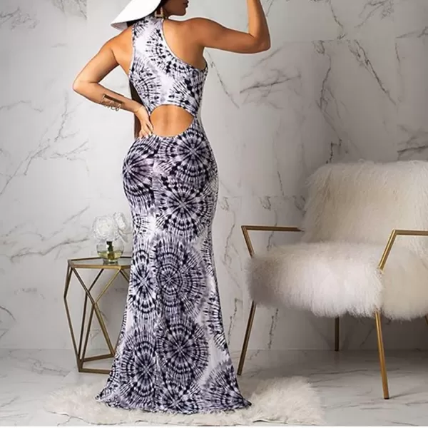 IyMoo Womens Neck Hollow Out Print Party Beach Evening Long Maxi DressWhiteblackpurple