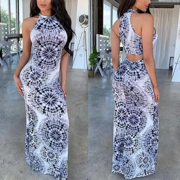 IyMoo Womens Neck Hollow Out Print Party Beach Evening Long Maxi DressWhiteblackpurple