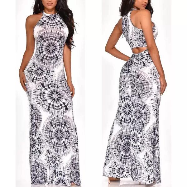 IyMoo Womens Neck Hollow Out Print Party Beach Evening Long Maxi DressWhiteblackpurple