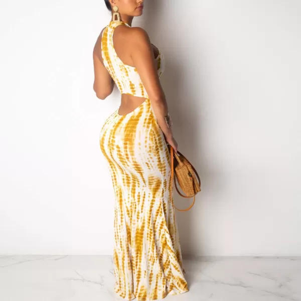 IyMoo Womens Neck Hollow Out Print Party Beach Evening Long Maxi DressYellowwhite