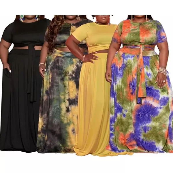 IyMoo Womens Plus Size 2 Piece Dress Outfits Short Sleeve Bandage Wrap Empire Crop Tops and Skirt Sets087 Tie Dye