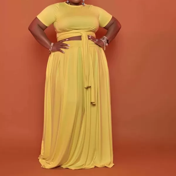 IyMoo Womens Plus Size 2 Piece Dress Outfits Short Sleeve Bandage Wrap Empire Crop Tops and Skirt Sets087 Yellow