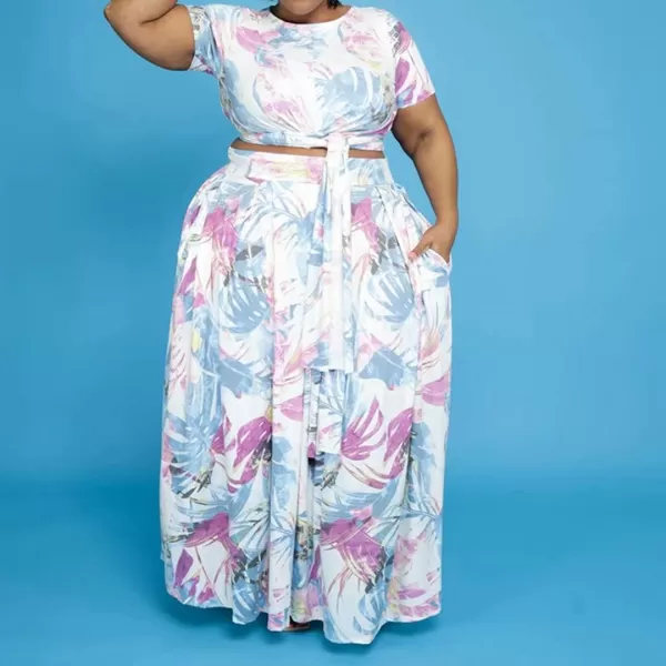 IyMoo Womens Plus Size 2 Piece Dress Outfits Short Sleeve Bandage Wrap Empire Crop Tops and Skirt Sets129 Leaf Blue