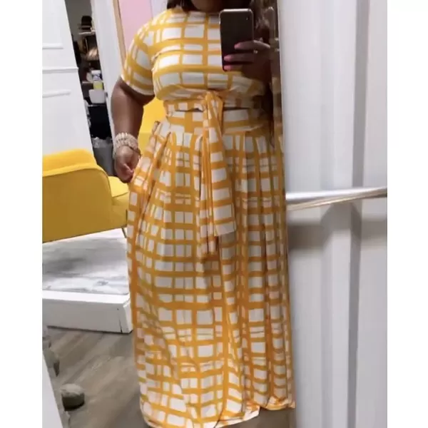 IyMoo Womens Plus Size 2 Piece Dress Outfits Short Sleeve Bandage Wrap Empire Crop Tops and Skirt Sets189 Yellow