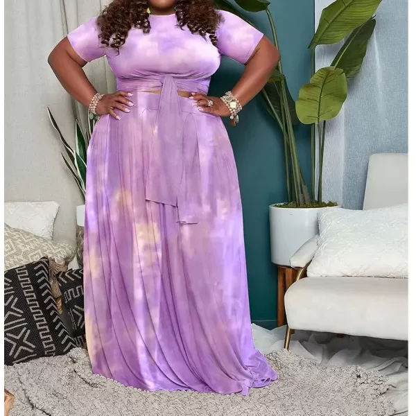 IyMoo Womens Plus Size 2 Piece Dress Outfits Short Sleeve Bandage Wrap Empire Crop Tops and Skirt Sets191 Purple
