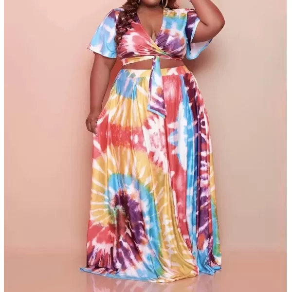 IyMoo Womens Plus Size 2 Piece Dress Outfits Short Sleeve Bandage Wrap Empire Crop Tops and Skirt Sets216 Pink
