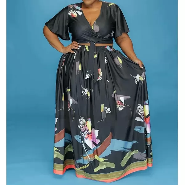 IyMoo Womens Plus Size 2 Piece Dress Outfits Short Sleeve Bandage Wrap Empire Crop Tops and Skirt Sets320 Black