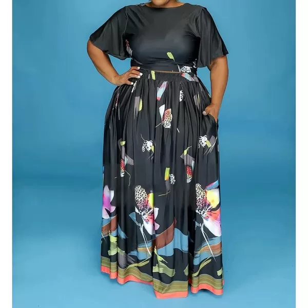 IyMoo Womens Plus Size 2 Piece Dress Outfits Short Sleeve Bandage Wrap Empire Crop Tops and Skirt Sets320 Black