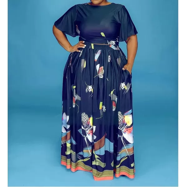 IyMoo Womens Plus Size 2 Piece Dress Outfits Short Sleeve Bandage Wrap Empire Crop Tops and Skirt Sets320 Dark Blue