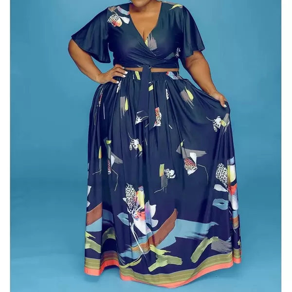 IyMoo Womens Plus Size 2 Piece Dress Outfits Short Sleeve Bandage Wrap Empire Crop Tops and Skirt Sets320 Dark Blue