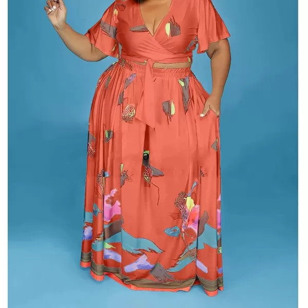 IyMoo Womens Plus Size 2 Piece Dress Outfits Short Sleeve Bandage Wrap Empire Crop Tops and Skirt Sets320 Orange