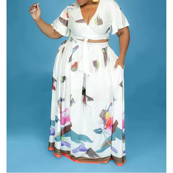 IyMoo Womens Plus Size 2 Piece Dress Outfits Short Sleeve Bandage Wrap Empire Crop Tops and Skirt Sets320 White