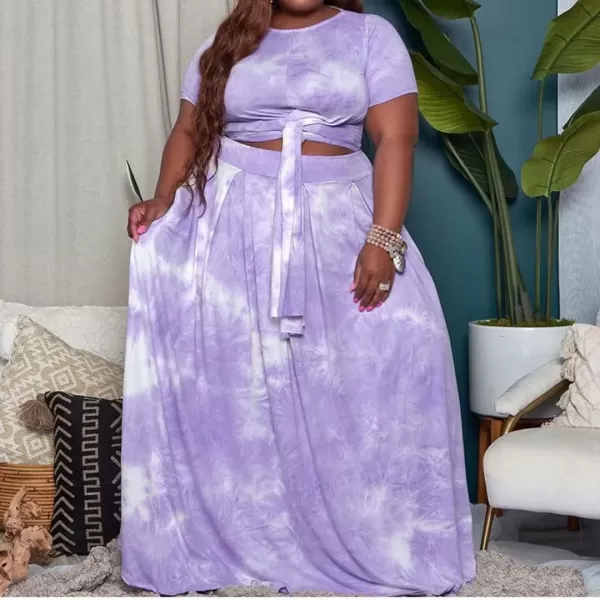 IyMoo Womens Plus Size 2 Piece Dress Outfits Short Sleeve Bandage Wrap Empire Crop Tops and Skirt Sets714 Purple