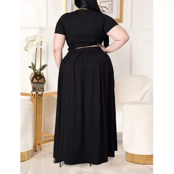 IyMoo Womens Plus Size 2 Piece Dress Outfits Short Sleeve Bandage Wrap Empire Crop Tops and Skirt SetsBlack