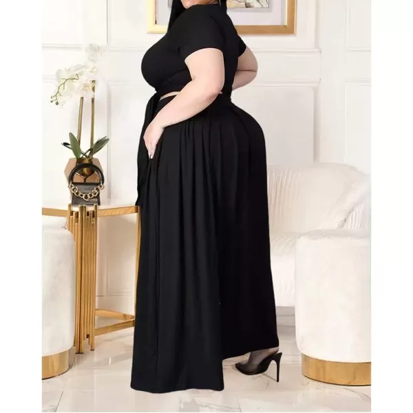 IyMoo Womens Plus Size 2 Piece Dress Outfits Short Sleeve Bandage Wrap Empire Crop Tops and Skirt SetsBlack