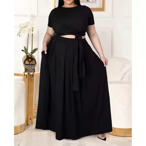 IyMoo Womens Plus Size 2 Piece Dress Outfits Short Sleeve Bandage Wrap Empire Crop Tops and Skirt SetsBlack