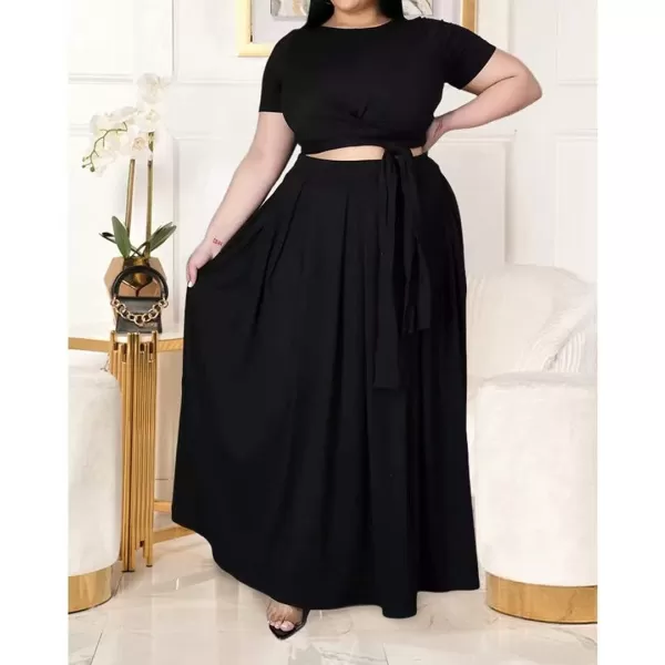 IyMoo Womens Plus Size 2 Piece Dress Outfits Short Sleeve Bandage Wrap Empire Crop Tops and Skirt SetsBlack