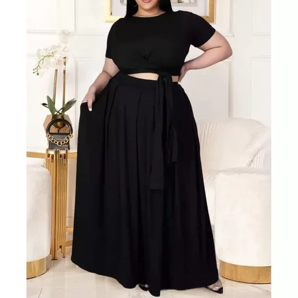 IyMoo Womens Plus Size 2 Piece Dress Outfits Short Sleeve Bandage Wrap Empire Crop Tops and Skirt SetsBlack