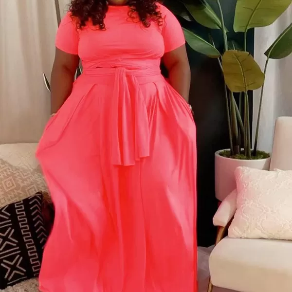 IyMoo Womens Plus Size 2 Piece Dress Outfits Short Sleeve Bandage Wrap Empire Crop Tops and Skirt SetsBright Pink