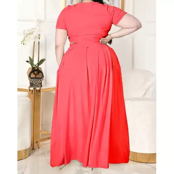 IyMoo Womens Plus Size 2 Piece Dress Outfits Short Sleeve Bandage Wrap Empire Crop Tops and Skirt SetsBright Pink