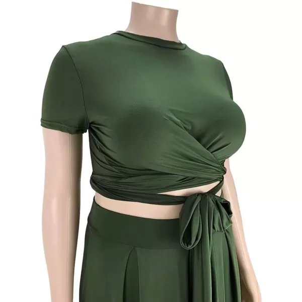 IyMoo Womens Plus Size 2 Piece Dress Outfits Short Sleeve Bandage Wrap Empire Crop Tops and Skirt SetsGreen