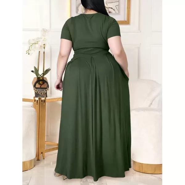 IyMoo Womens Plus Size 2 Piece Dress Outfits Short Sleeve Bandage Wrap Empire Crop Tops and Skirt SetsGreen