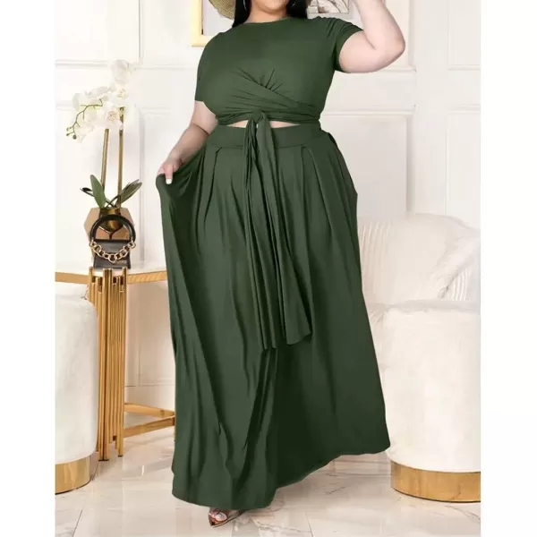 IyMoo Womens Plus Size 2 Piece Dress Outfits Short Sleeve Bandage Wrap Empire Crop Tops and Skirt SetsGreen