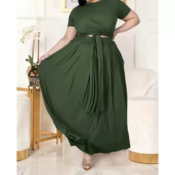 IyMoo Womens Plus Size 2 Piece Dress Outfits Short Sleeve Bandage Wrap Empire Crop Tops and Skirt SetsGreen