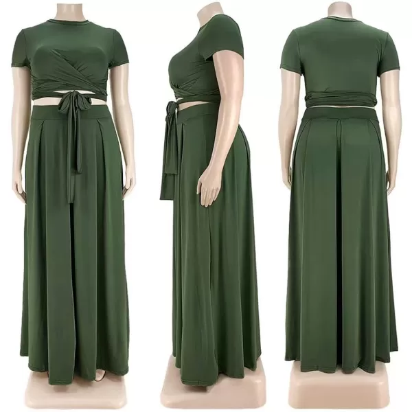IyMoo Womens Plus Size 2 Piece Dress Outfits Short Sleeve Bandage Wrap Empire Crop Tops and Skirt SetsGreen