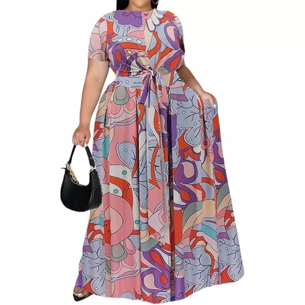 IyMoo Womens Plus Size 2 Piece Dress Outfits Short Sleeve Bandage Wrap Empire Crop Tops and Skirt SetsMulticolored2