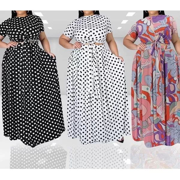IyMoo Womens Plus Size 2 Piece Dress Outfits Short Sleeve Bandage Wrap Empire Crop Tops and Skirt SetsMulticolored2
