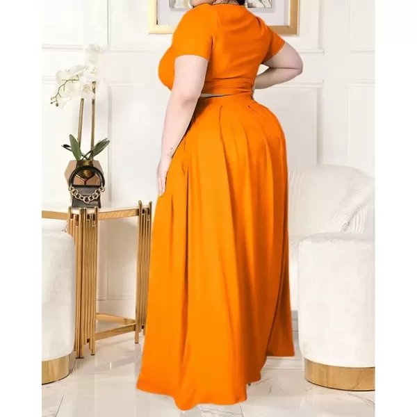 IyMoo Womens Plus Size 2 Piece Dress Outfits Short Sleeve Bandage Wrap Empire Crop Tops and Skirt SetsOrange