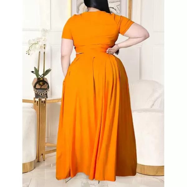 IyMoo Womens Plus Size 2 Piece Dress Outfits Short Sleeve Bandage Wrap Empire Crop Tops and Skirt SetsOrange