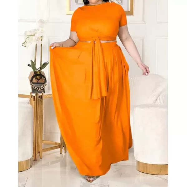 IyMoo Womens Plus Size 2 Piece Dress Outfits Short Sleeve Bandage Wrap Empire Crop Tops and Skirt SetsOrange