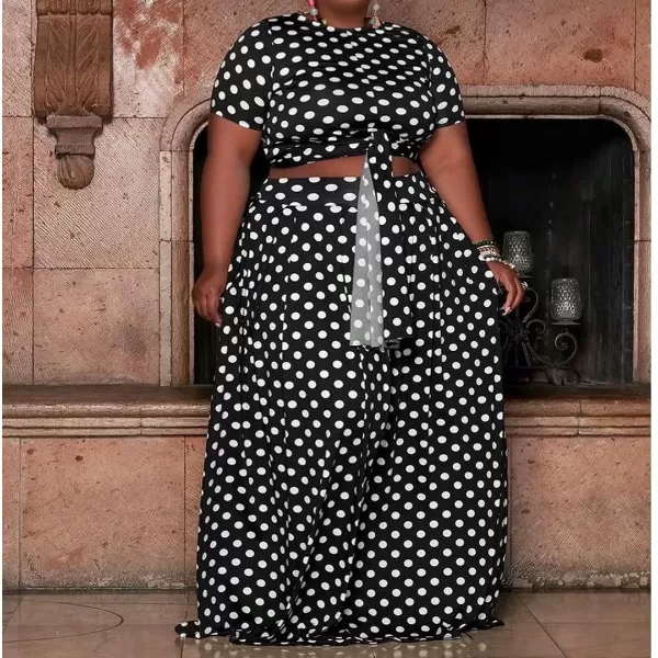 IyMoo Womens Plus Size 2 Piece Dress Outfits Short Sleeve Bandage Wrap Empire Crop Tops and Skirt SetsPolka Dot Black