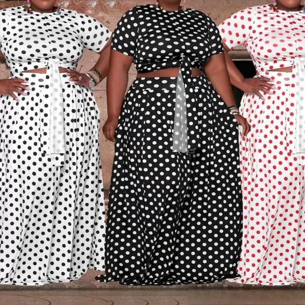 IyMoo Womens Plus Size 2 Piece Dress Outfits Short Sleeve Bandage Wrap Empire Crop Tops and Skirt SetsPolka Dot Pink