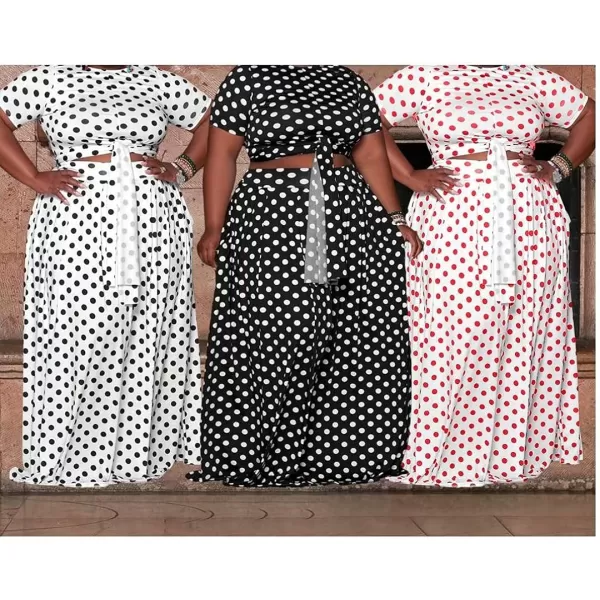 IyMoo Womens Plus Size 2 Piece Dress Outfits Short Sleeve Bandage Wrap Empire Crop Tops and Skirt SetsPolka Dot White
