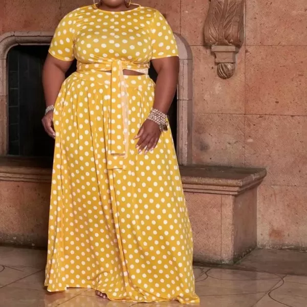 IyMoo Womens Plus Size 2 Piece Dress Outfits Short Sleeve Bandage Wrap Empire Crop Tops and Skirt SetsPolka Dot Yellow
