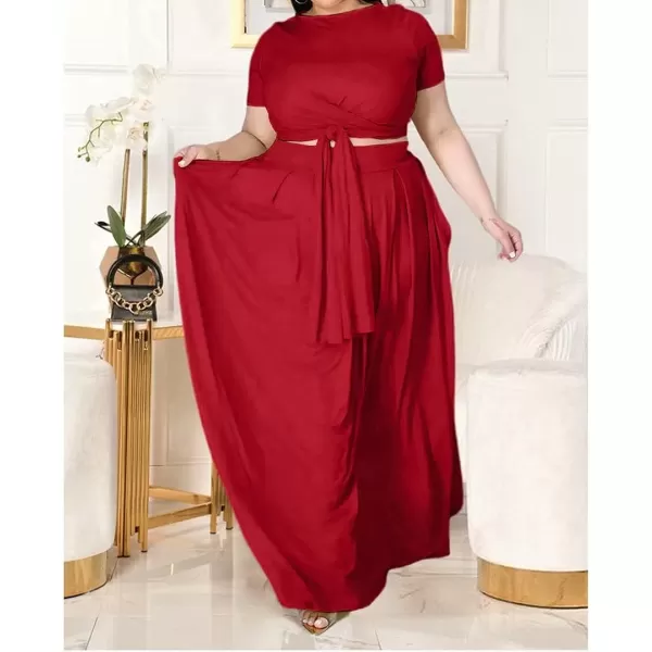 IyMoo Womens Plus Size 2 Piece Dress Outfits Short Sleeve Bandage Wrap Empire Crop Tops and Skirt SetsRed