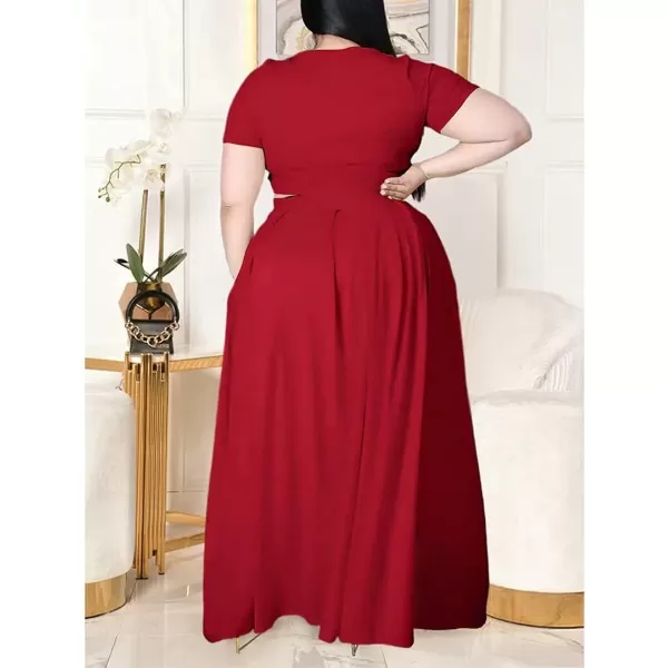 IyMoo Womens Plus Size 2 Piece Dress Outfits Short Sleeve Bandage Wrap Empire Crop Tops and Skirt SetsRed