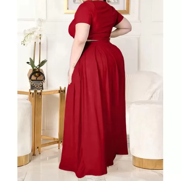 IyMoo Womens Plus Size 2 Piece Dress Outfits Short Sleeve Bandage Wrap Empire Crop Tops and Skirt SetsRed