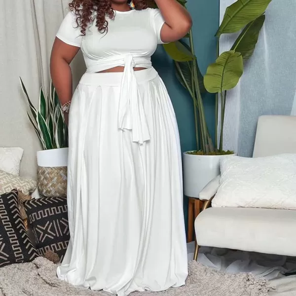 IyMoo Womens Plus Size 2 Piece Dress Outfits Short Sleeve Bandage Wrap Empire Crop Tops and Skirt SetsWhite