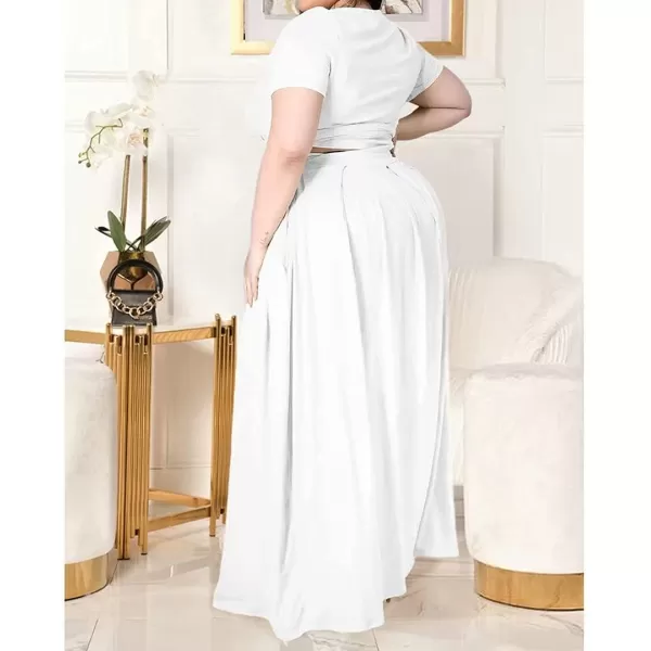 IyMoo Womens Plus Size 2 Piece Dress Outfits Short Sleeve Bandage Wrap Empire Crop Tops and Skirt SetsWhite