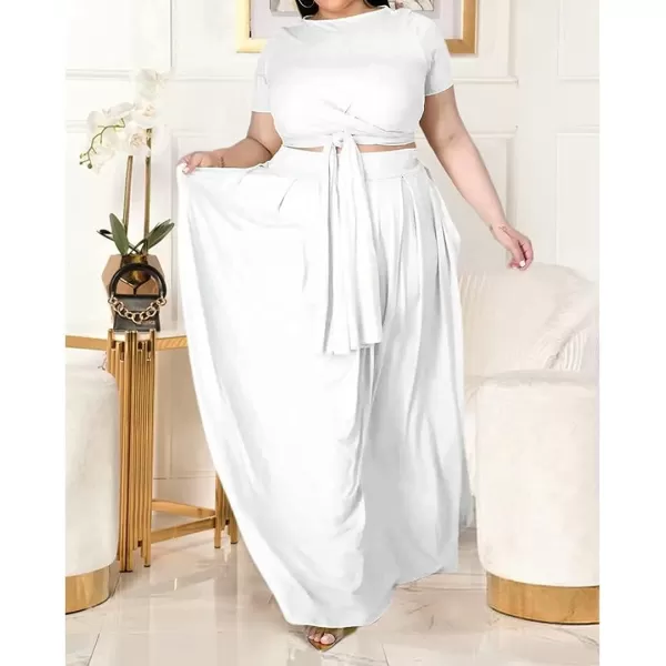 IyMoo Womens Plus Size 2 Piece Dress Outfits Short Sleeve Bandage Wrap Empire Crop Tops and Skirt SetsWhite