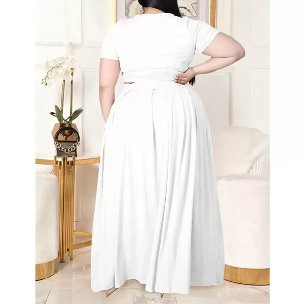 IyMoo Womens Plus Size 2 Piece Dress Outfits Short Sleeve Bandage Wrap Empire Crop Tops and Skirt SetsWhite