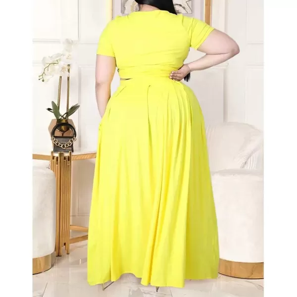 IyMoo Womens Plus Size 2 Piece Dress Outfits Short Sleeve Bandage Wrap Empire Crop Tops and Skirt SetsYellow